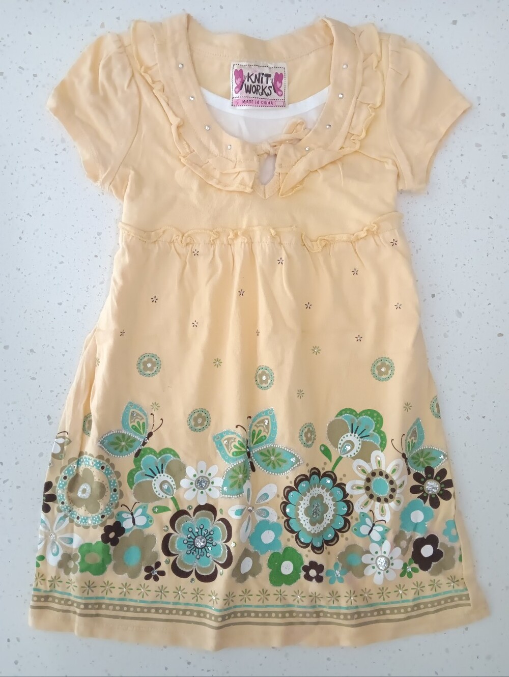 Vintage Girls' Yellow And Green Floral Glitter Blouse Size 4